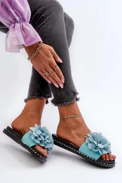 Klapki Damskie Ozdobione Kwiatami Niebieskie Cellanen