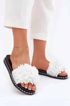 Klapki Damskie Ozdobione Kwiatami Białe Cellanen