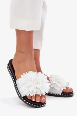 Klapki Damskie Ozdobione Kwiatami Białe Cellanen