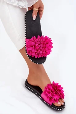 Klapki Damskie Ozdobione Kwiatami Fuksja Cellanen