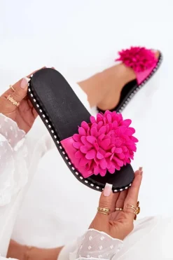 Klapki Damskie Ozdobione Kwiatami Fuksja Cellanen