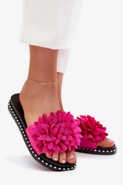 Klapki Damskie Ozdobione Kwiatami Fuksja Cellanen