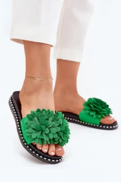 Klapki Damskie Ozdobione Kwiatami Zielone Cellanen