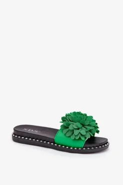 Klapki Damskie Ozdobione Kwiatami Zielone Cellanen