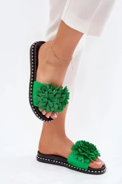 Klapki Damskie Ozdobione Kwiatami Zielone Cellanen