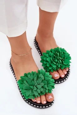 Klapki Damskie Ozdobione Kwiatami Zielone Cellanen