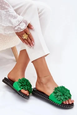 Klapki Damskie Ozdobione Kwiatami Zielone Cellanen