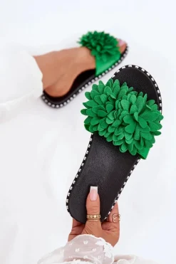 Klapki Damskie Ozdobione Kwiatami Zielone Cellanen