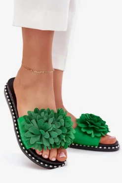 Klapki Damskie Ozdobione Kwiatami Zielone Cellanen