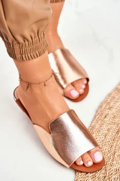 Klapki Damskie Płaskie Różowe Złoto Mimios