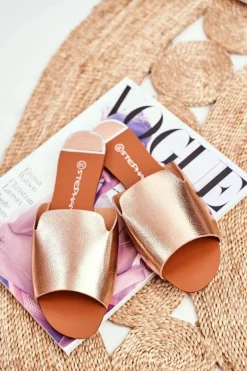 Klapki Damskie Płaskie Różowe Złoto Mimios