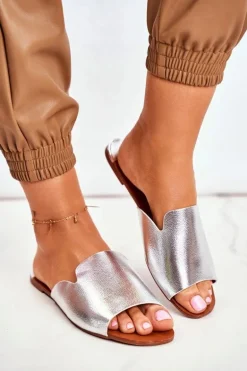 Klapki Damskie Płaskie Srebrne Mimios