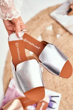 Klapki Damskie Płaskie Srebrne Mimios