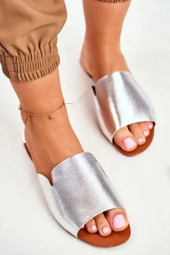 Klapki Damskie Płaskie Srebrne Mimios