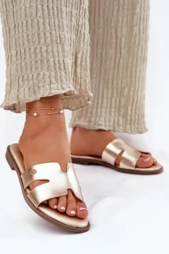 Klapki Damskie Płaskie Z Eko Skóry Złote Firvania