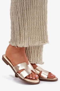 Klapki Damskie Płaskie Z Eko Skóry Złote Firvania