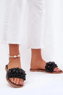 Klapki Damskie Płaskie Z Ozdobnymi Koralikami Czarne Aricca