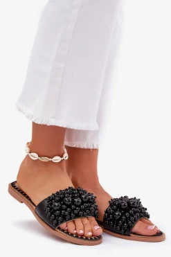Klapki Damskie Płaskie Z Ozdobnymi Koralikami Czarne Aricca