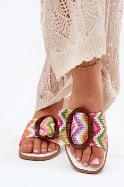 Klapki Damskie Płaskie Z Ozdobną Klamrą Białe Luwam