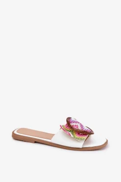 Klapki Damskie Płaskie Z Ozdobną Klamrą Białe Luwam