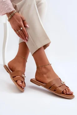 Klapki Damskie Płaskie Z Ozdobą Camel Kavinia