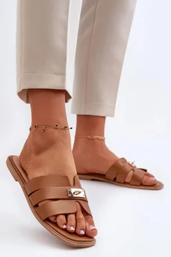Klapki Damskie Płaskie Z Ozdobą Camel Kavinia