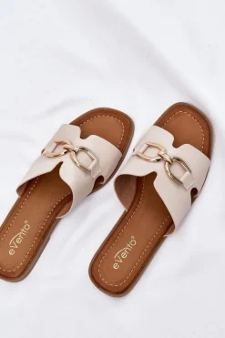 Klapki Damskie Płaskie Z Ozdobnym Detalem Beżowe Amiresna