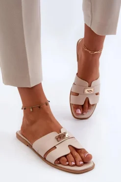 Klapki Damskie Płaskie Z Ozdobą Beżowe Kavinia