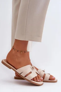 Klapki Damskie Płaskie Z Ozdobą Beżowe Kavinia