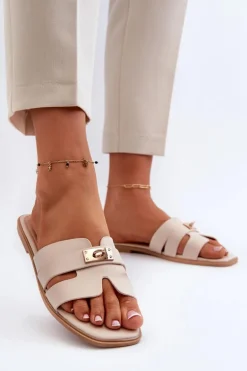 Klapki Damskie Płaskie Z Ozdobą Beżowe Kavinia