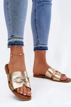 Klapki Damskie Płaskie Z Ozdobnym Detalem Złote Amiresna