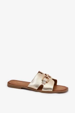 Klapki Damskie Płaskie Z Ozdobnym Detalem Złote Amiresna