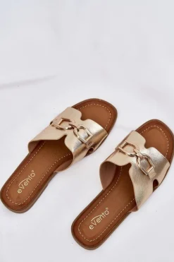 Klapki Damskie Płaskie Z Ozdobnym Detalem Złote Amiresna