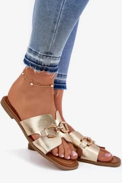 Klapki Damskie Płaskie Z Ozdobnym Detalem Złote Amiresna