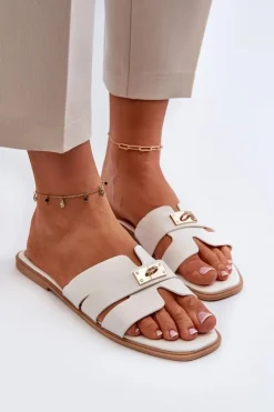 Klapki Damskie Płaskie Z Ozdobą Białe Kavinia