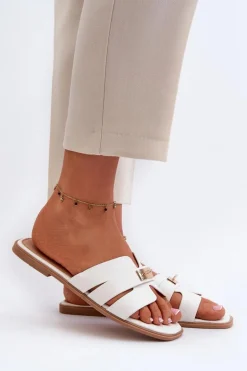 Klapki Damskie Płaskie Z Ozdobą Białe Kavinia