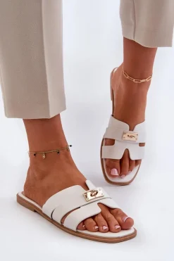 Klapki Damskie Płaskie Z Ozdobą Białe Kavinia