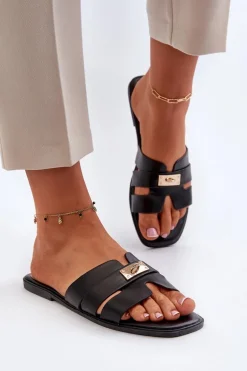 Klapki Damskie Płaskie Z Ozdobą Czarne Kavinia