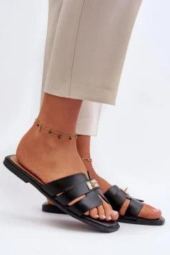 Klapki Damskie Płaskie Z Ozdobą Czarne Kavinia