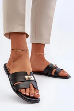 Klapki Damskie Płaskie Z Ozdobą Czarne Kavinia