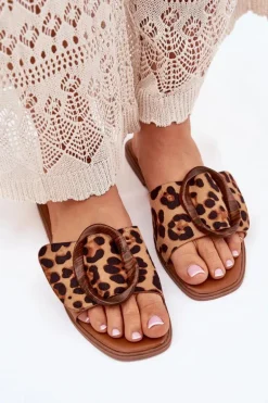 Klapki Damskie Płaskie Z Ozdobną Klamrą Panterka Luwam