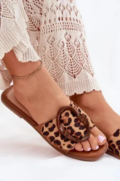 Klapki Damskie Płaskie Z Ozdobną Klamrą Panterka Luwam