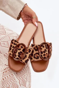 Klapki Damskie Płaskie Z Ozdobną Klamrą Panterka Luwam