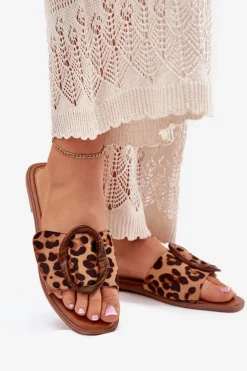 Klapki Damskie Płaskie Z Ozdobną Klamrą Panterka Luwam