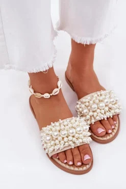 Klapki Damskie Płaskie Z Ozdobnymi Koralikami Beżowe Aricca