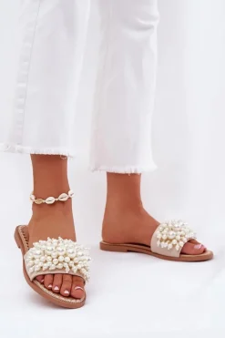 Klapki Damskie Płaskie Z Ozdobnymi Koralikami Beżowe Aricca