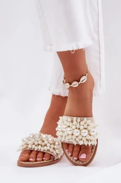 Klapki Damskie Płaskie Z Ozdobnymi Koralikami Beżowe Aricca