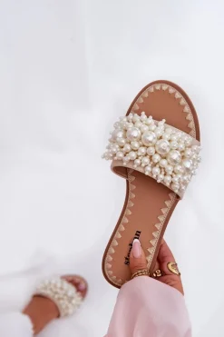 Klapki Damskie Płaskie Z Ozdobnymi Koralikami Beżowe Aricca