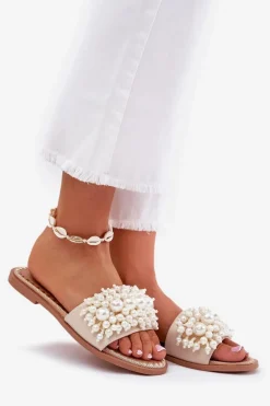 Klapki Damskie Płaskie Z Ozdobnymi Koralikami Beżowe Aricca