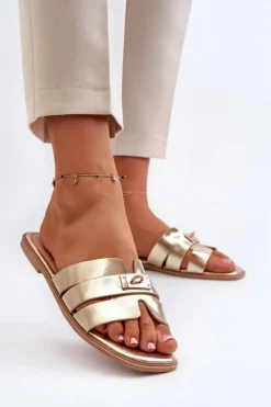 Klapki Damskie Płaskie Z Ozdobą Złote Kavinia